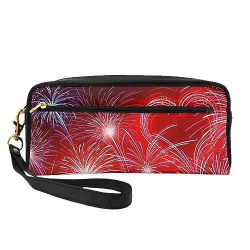 Moon Reise-Make-up-Tasche, Federmäppchen, Leder, tragbar, Kosmetiktasche, Kulturbeutel für Damen und Mädchen, Rote Herzen Feuerwerk, Einheitsgröße von MKNAZ