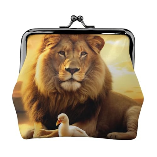 Münzbörse mit Löwe und Vogel bei Sonnenuntergang bedruckt, für Damen und Mädchen, Mini-Geldbörse mit Kussverschluss, niedliches Leder, Schwarz , Einheitsgröße, Münztasche von MKNAZ