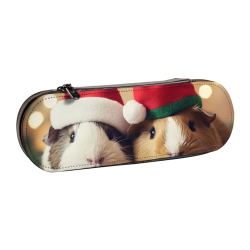 Niedliche Haustiere mit Weihnachtsmütze bedrucktes Hartschalen-Federmäppchen aus Leder für Mädchen und Jungen, niedliches Federmäppchen für Stifte, Make-up-Tasche für Reisen, Schule, Büro, Uni, von MKNAZ