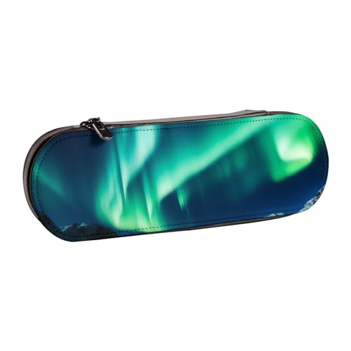 Northern Lights bedrucktes Hartschalen-Federmäppchen aus Leder für Mädchen und Jungen, niedliches Federmäppchen, Make-up-Tasche für Reisen, Schule, Büro, Uni, Schwarz , Einheitsgröße, Schulranzen von MKNAZ