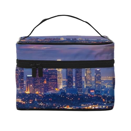 Reise-Make-up-Tasche, Motiv: Los Angeles Skyline, tragbare Kosmetiktasche, Organizer mit Griff, für Damen und Mädchen, Schwarz , Einheitsgröße, Kosmetiktasche von MKNAZ