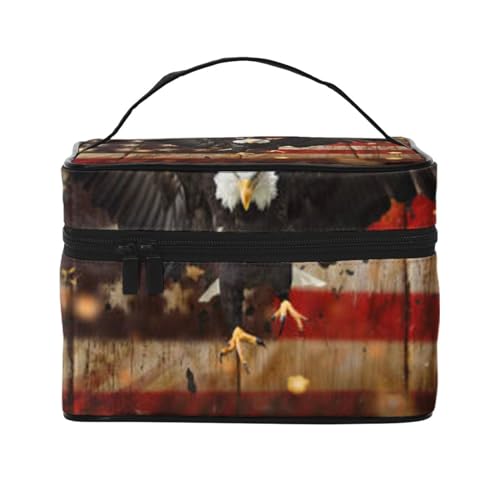 Reise-Make-up-Tasche, Motiv: amerikanische Flagge, Adler, tragbare Kosmetiktasche für Frauen und Mädchen – stilvoll und geräumig, Amerikanische Flagge Sterne, Einheitsgröße von MKNAZ