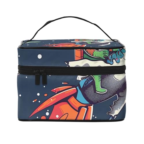 Reise-Make-up-Tasche, Motiv: lustiger Astronaut, niedlicher Dinosaurier-Raketen-Druck, tragbare Kosmetiktasche, Organizer mit Griff für Frauen und Mädchen, Schwarz , Einheitsgröße, Kosmetiktasche von MKNAZ
