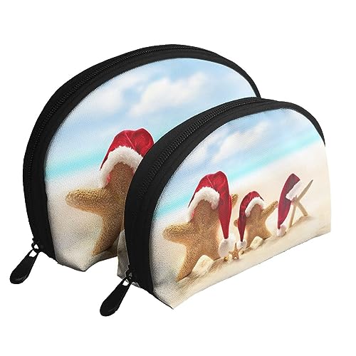 Reise-Make-up-Tasche, Motiv: rotes Auto vor dem Eiffelturm, 2 Stück, tragbare Kosmetiktasche, Kulturbeutel für Damen und Mädchen, Merry Christmas Beach, Einheitsgröße von MKNAZ