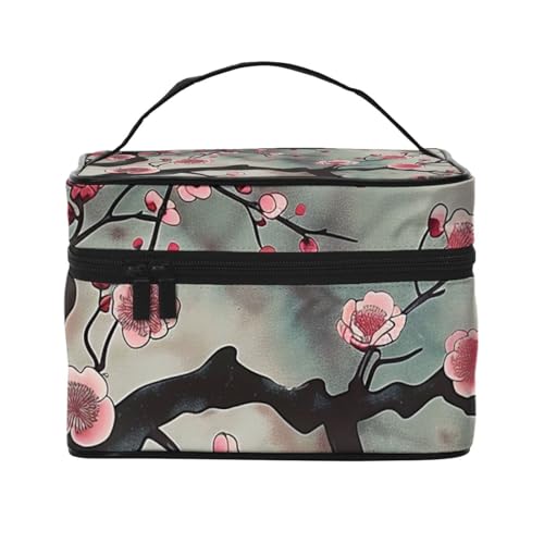Reise-Make-up-Tasche, japanischer Frühling, Pflaumenmuster, 1 Druck, tragbare Kosmetiktasche, Organizer mit Griff, für Damen und Mädchen, Schwarz , Einheitsgröße, Kosmetiktasche von MKNAZ