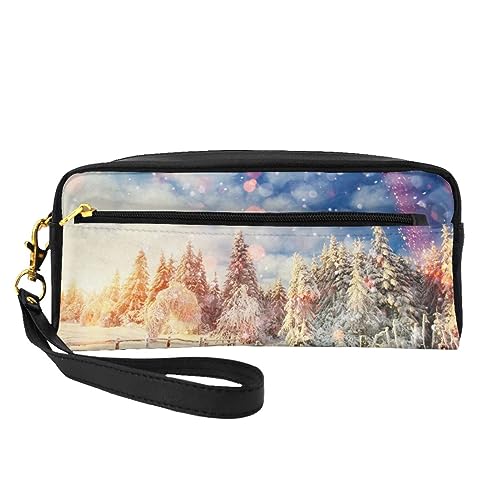 Reise-Make-up-Tasche mit Berg-Wasserfall-Motiv, Leder, tragbar, Kosmetiktasche, Kulturbeutel für Damen und Mädchen, Schöne Landschaft Bäume Schneeflocken, Einheitsgröße von MKNAZ