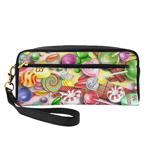 Reise-Make-up-Tasche mit Berg-Wasserfall-Motiv, Leder, tragbar, Kosmetiktasche, Kulturbeutel für Damen und Mädchen, Süßigkeiten-Muster, Einheitsgröße von MKNAZ