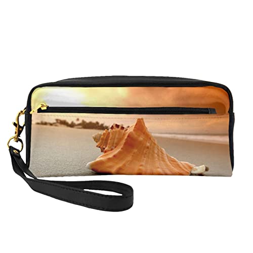 Reise-Make-up-Tasche mit Blütenpflanzen, Federmappe, Leder, tragbar, Kosmetiktasche, Kulturbeutel für Damen und Mädchen, Shell Beach Sunset, Einheitsgröße von MKNAZ