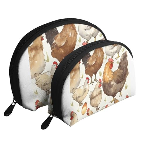 Reise-Make-up-Tasche mit Cartoon-Hühnern, 2 Stück, tragbare Kosmetiktasche, Kulturbeutel für Damen und Mädchen, weiß, Einheitsgröße, Kosmetiktasche von MKNAZ