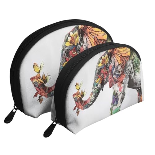 Reise-Make-up-Tasche mit Elefanten-Aufdruck, 2 Stück, tragbare Kosmetiktasche, Kulturbeutel für Damen und Mädchen, weiß, Einheitsgröße, Kosmetiktasche von MKNAZ