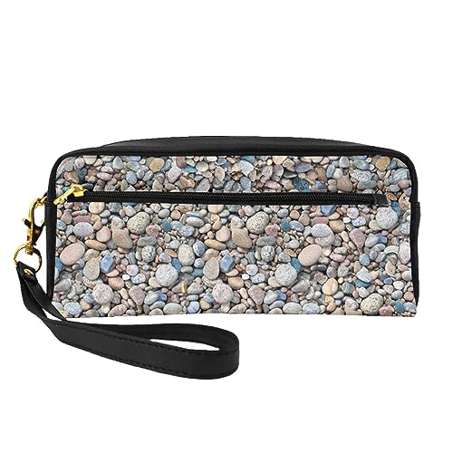 Reise-Make-up-Tasche mit Gänseblümchen-Motiv, Leder, tragbar, Kosmetiktasche, Kulturbeutel für Damen und Mädchen, Weiß / Blau, Strand Steine Muster, Einheitsgröße von MKNAZ