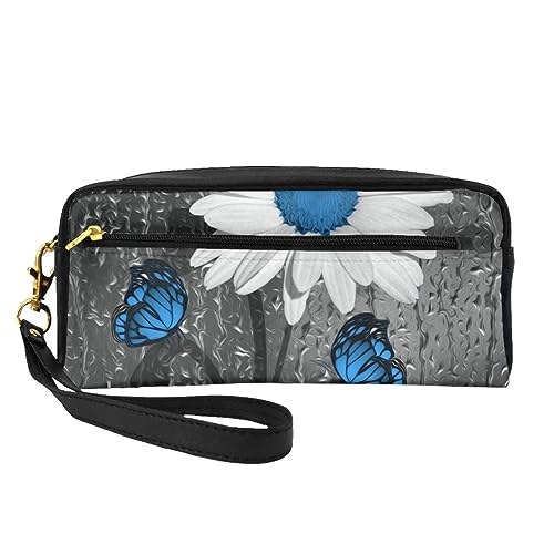 Reise-Make-up-Tasche mit Gänseblümchen-Motiv, Leder, tragbar, Kosmetiktasche, Kulturbeutel für Damen und Mädchen, Weiß / Blau, Weiß/blaue Gänseblümchen, Einheitsgröße von MKNAZ