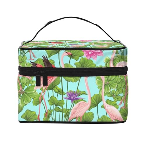 Reise-Make-up-Tasche mit Lotusblumen-Motiv, tragbare Kosmetiktasche für Damen und Mädchen, stilvoll und geräumig, Flamingo Love Flowers, Einheitsgröße von MKNAZ