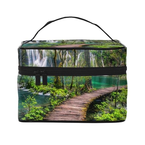 Reise-Make-up-Tasche mit Musiknotenaufdruck, tragbare Kosmetiktasche für Frauen und Mädchen – stilvoll und geräumig, Park Wasserfall und See, Einheitsgröße von MKNAZ