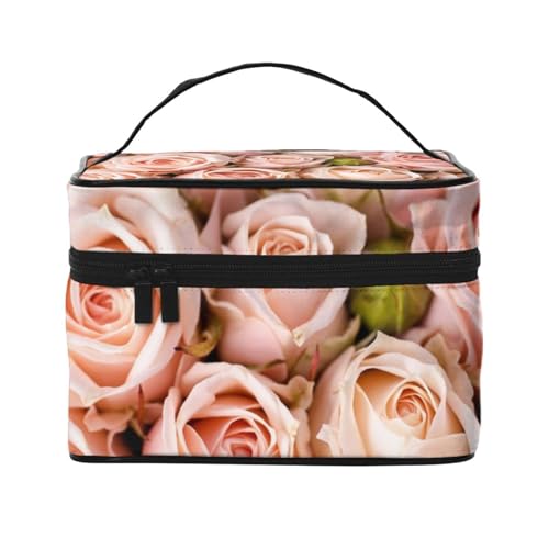 Reise-Make-up-Tasche mit Musiknotenaufdruck, tragbare Kosmetiktasche für Frauen und Mädchen – stilvoll und geräumig, Rosa Rosen, Einheitsgröße von MKNAZ