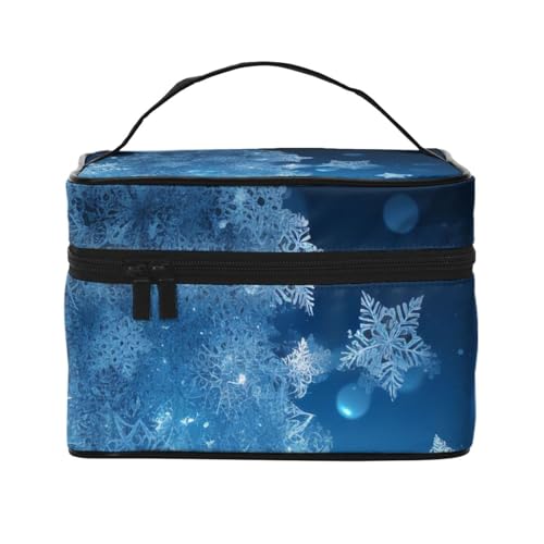 Reise-Make-up-Tasche mit Weihnachts-Schneeflocken-Druck, tragbare Kosmetiktasche, Organizer mit Griff, für Damen und Mädchen, Blau, Schwarz , Einheitsgröße, Kosmetiktasche von MKNAZ