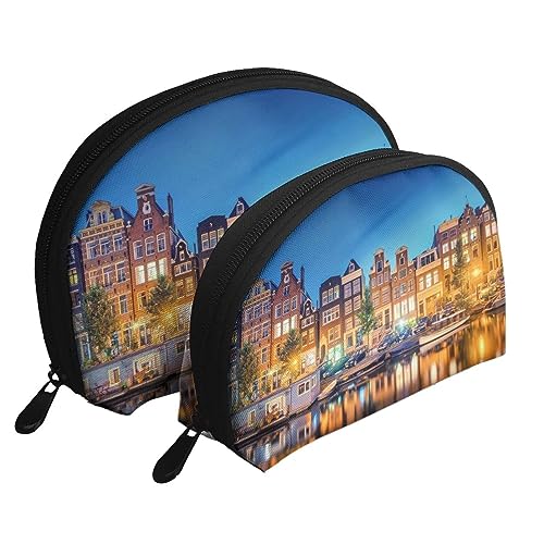 Reise-Make-up-Tasche mit blauen Streifen und Zitrone, 2 Stück, tragbare Kosmetiktasche, Kulturbeutel für Damen und Mädchen, Amsterdam Night View, Einheitsgröße von MKNAZ