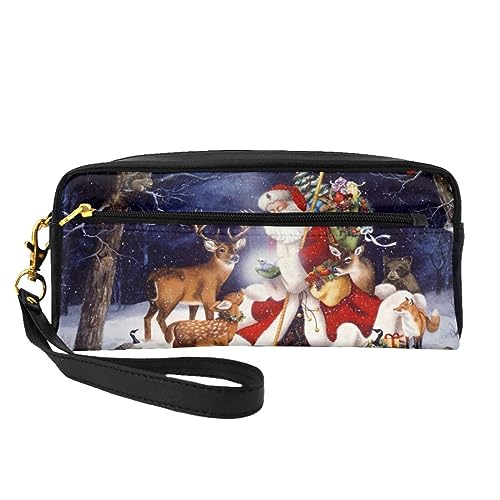 Reise-Make-up-Tasche mit blauen Streifen und Zitrone, Leder, tragbar, Kosmetiktasche, Kulturbeutel für Damen und Mädchen, Weihnachten Hirsch, Einheitsgröße von MKNAZ