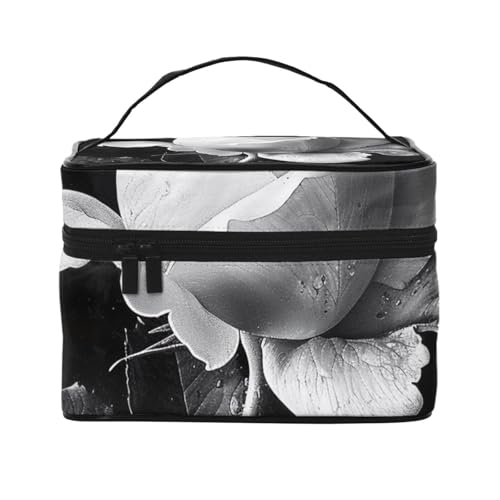 Reise-Make-up-Tasche mit einfarbigem Rosenmuster, tragbare Kosmetiktasche, Organizer mit Griff, für Damen und Mädchen, Schwarz , Einheitsgröße, Kosmetiktasche von MKNAZ