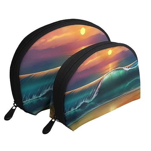 Reise-Make-up-Tasche mit grünen Tieren, 2 Stück, tragbare Kosmetiktasche, Kulturbeutel für Damen und Mädchen, Sonnenuntergang Meer, Einheitsgröße von MKNAZ