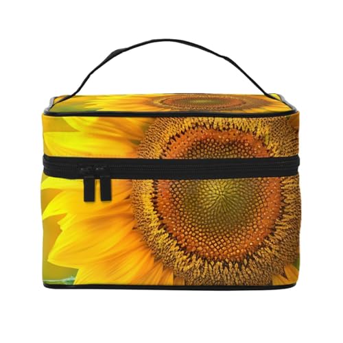 Reise-Make-up-Tasche mit hellem Sonnenblumendruck, tragbare Kosmetiktasche, Organizer mit Griff, für Damen und Mädchen, Schwarz , Einheitsgröße, Kosmetiktasche von MKNAZ