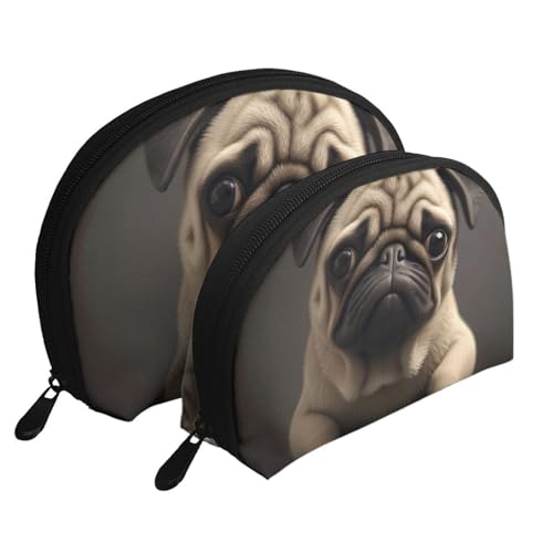 Reise-Make-up-Tasche mit hübschem Mops-Aufdruck, 2 Stück, tragbare Kosmetiktasche, Kulturbeutel für Damen und Mädchen, weiß, Einheitsgröße, Kosmetiktasche von MKNAZ