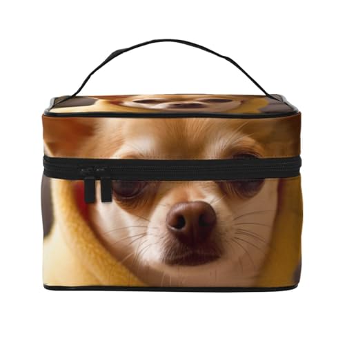 Reise-Make-up-Tasche mit niedlichem Chihuahua-Druck, tragbare Kosmetiktasche, Organizer mit Griff, für Damen und Mädchen, Schwarz , Einheitsgröße, Kosmetiktasche von MKNAZ