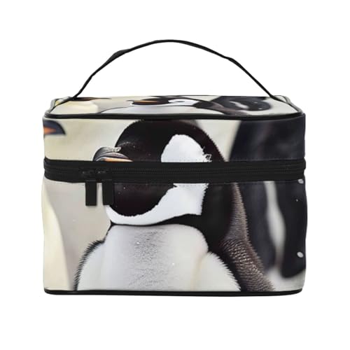 Reise-Make-up-Tasche mit niedlichem Pinguin-Tiermuster, tragbare Kosmetiktasche mit Griff für Damen und Mädchen, Schwarz , Einheitsgröße, Kosmetiktasche von MKNAZ