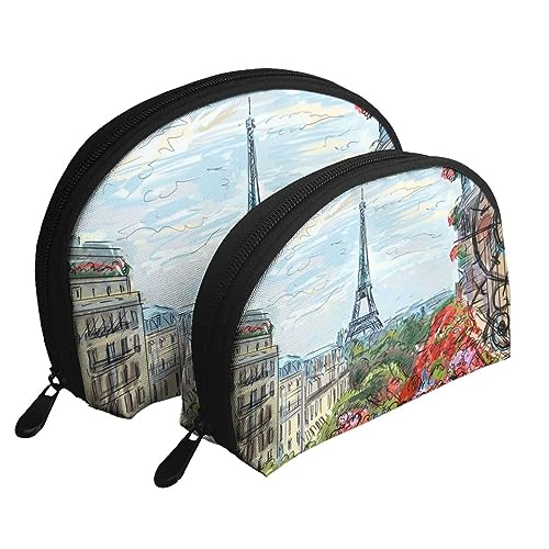 Reise-Make-up-Tasche mit rosa Kirschblüten, 2 Stück, tragbare Kosmetiktasche, Kulturbeutel für Damen und Mädchen, Straße in Paris Town, Einheitsgröße von MKNAZ