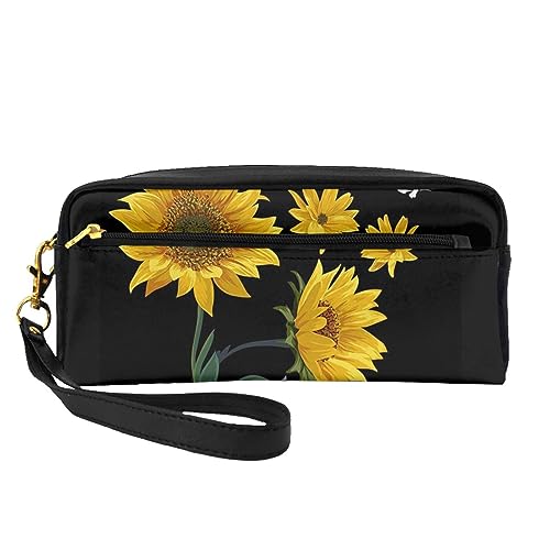 Reise-Make-up-Tasche mit rosa Kirschblüten, Leder, tragbar, Kosmetiktasche, Kulturbeutel für Damen und Mädchen, Sonnenblume Hintergrund schwarz, Einheitsgröße von MKNAZ