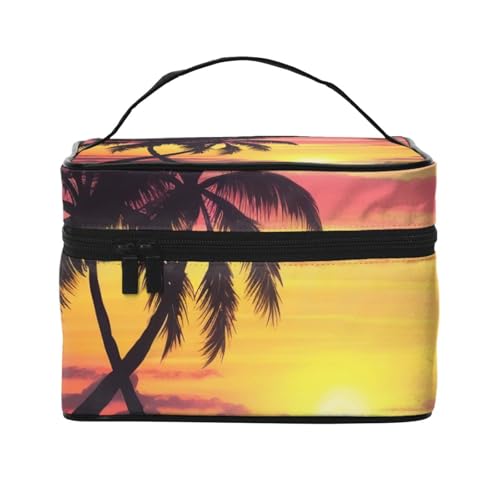Reise-Make-up-Tasche mit tropischem Palmenmotiv, tragbare Kosmetiktasche mit Griff für Damen und Mädchen, Schwarz , Einheitsgröße, Kosmetiktasche von MKNAZ