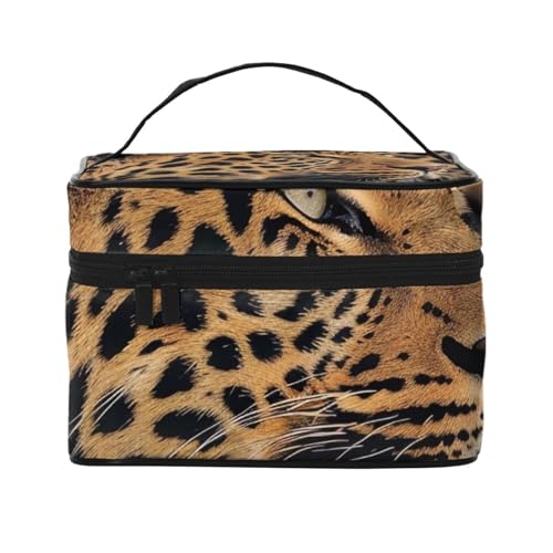 Reise-Make-up-Tasche mit wildem Leopardenmuster, tragbare Kosmetiktasche, Organizer mit Griff, für Damen und Mädchen, Schwarz , Einheitsgröße, Kosmetiktasche von MKNAZ