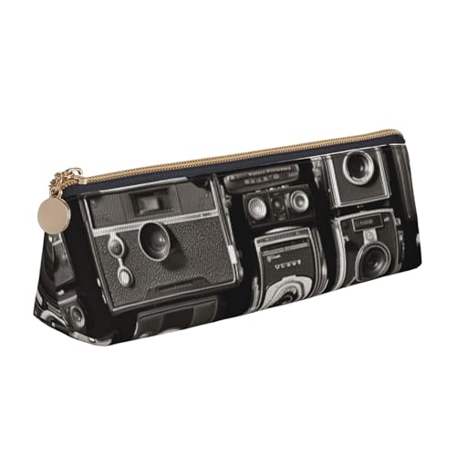 Retro-Federmäppchen mit cooler Kamerasammlung, dreieckig, für Mädchen und Jungen, niedliches Leder-Federmäppchen und Make-up-Tasche für Studenten, Schule, Büro, Reisen, weiß, Einheitsgröße, von MKNAZ