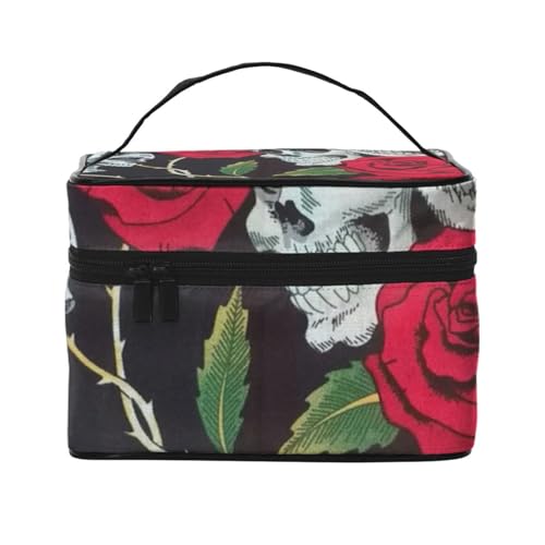 Rotes Auto vor dem Eiffelturm Reise-Make-up-Tasche, tragbare Kosmetiktasche für Frauen Mädchen – stilvoll und geräumig, Rosen-Totenkopf-Augen, Einheitsgröße von MKNAZ