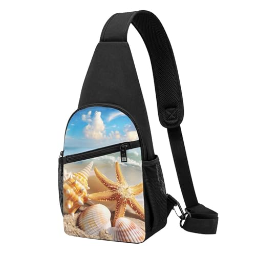 Schultertasche mit Meeresmuschel, Strandmuster, bedruckt, leicht, Umhängetasche, Rucksack, verstellbare Schultertasche, Brusttasche, für Herren, Damen, Kinder, Schwarz , Einheitsgröße, Wanderrucksack Schultertasche mit Meeresmuschel, Strandmuster, bedruckt, leicht, Umhängetasche, Rucksack, verstellbare Schultertasche, Brusttasche, für Herren, Damen, Kinder, Schwarz , Einheitsgröße, Wanderrucksack von MKNAZ