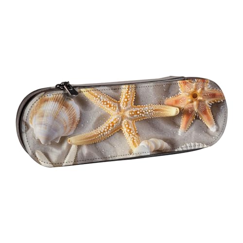 Seashell Sandy Beach bedrucktes Hartschalen-Federmäppchen aus Leder für Mädchen und Jungen, niedliches Federmäppchen, Make-up-Tasche für Reisen, Schule, Büro, Uni, Schwarz , Einheitsgröße, Schulranzen von MKNAZ