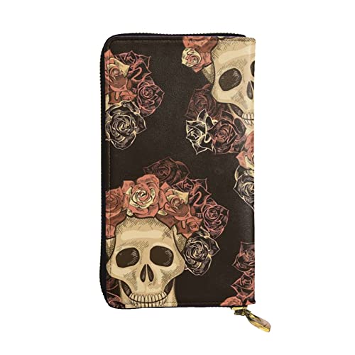 Snow Sleigh Xmas Tree Printed Leather Long Wallet with 12 Card Slots Zipper Wallet for Men and Women, Rose Skull, Einheitsgröße von MKNAZ