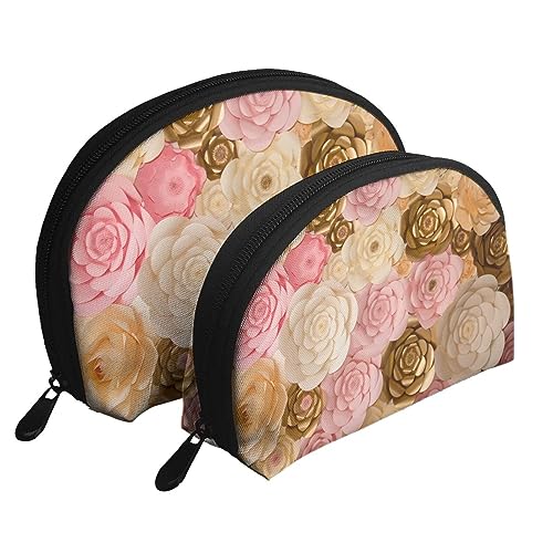 Sunset Dolphins Reise-Make-up-Tasche, 2 Stück, tragbare Kosmetiktasche, Kulturbeutel für Damen und Mädchen, Rosa / Weiß / Gold Blumen, Einheitsgröße von MKNAZ