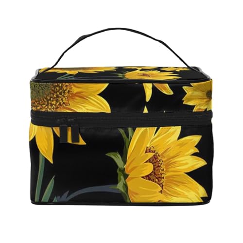 Tropische Palmblatt-Reise-Make-up-Tasche, tragbare Kosmetiktasche für Frauen und Mädchen – stilvoll und geräumig, Sonnenblume Hintergrund schwarz, Einheitsgröße von MKNAZ