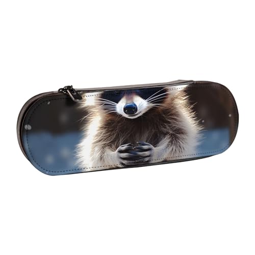 Waschbär bedrucktes Hartschalen-Federmäppchen aus Leder für Mädchen und Jungen, niedliches Federmäppchen, Make-up-Tasche für Reisen, Schule, Büro, Uni, Schwarz , Einheitsgröße, Schulranzen von MKNAZ