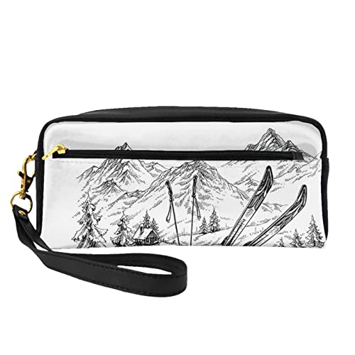 Weiße Tulpen Blumen Reise Make-up Tasche Bleistift Fall Leder Tragbare Kosmetik Organizer Tasche Kulturbeutel für Frauen Mädchen, Ski-Thema, Einheitsgröße von MKNAZ