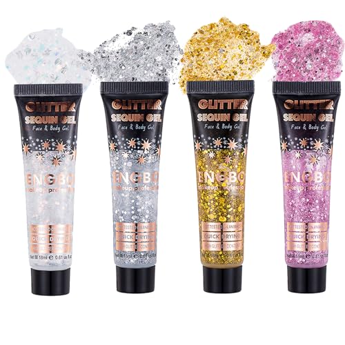 Body Glitter Gel, MKNZOME 4 Farben Festival Glitzer Gesicht Körperglitzer Glitzer Flüssiger Lidschatten für Gesicht Haare Lippen Nägel Make Up Halloween Festival Zubehör Body Glitter Gel, MKNZOME 4 Farben Festival Glitzer Gesicht Körperglitzer Glitzer Flüssiger Lidschatten für Gesicht Haare Lippen Nägel Make Up Halloween Festival Zubehör von MKNZOME