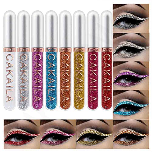 Eyeliner Bunt, MKNZOME 8 Farben Glitzer Eyeliner Flüssig Wasserfest Make Up Set Langlebiger Eyeliner Multifunktionale für Cosplay, Täglichen Gebrauch, Halloween, Weihnachten Party Make-up von MKNZOME