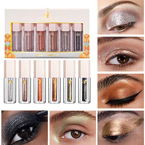 Flüssiger Lidschatten, MKNZOME 6 Farben Schminke Glitzer Lidschatten Liquid Eyeshadow Langlebiges Wasserdichtes Augen Make-up für Geburtstag Weihnachten Halloween Party oder Täglich von MKNZOME