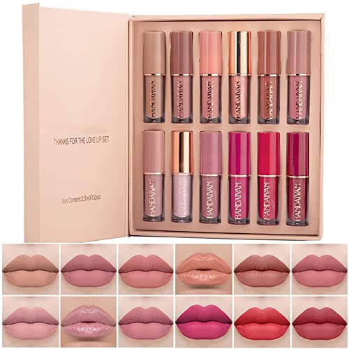 MKNZOME Flüssiger Lippenstift Set, 12 Farben Matte Ink Wasserfest Langlebiger Make Up Lipgloss Set Antihaft Tasse Nicht Lipstick Lippentönung Schminke Geschenk für Frauen Mädchen von MKNZOME
