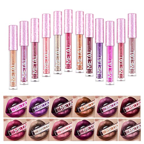 MKNZOME Lipgloss Set, 12 Farben Metallic Matt Flüssige Lippenstifte Lip Stains Kit, Wasserfeste Langlebige Moisturizing Antihaft-Tasse, Glitzer Lippen Farbton Set als Geschenke für Mädchen und Frauen von MKNZOME