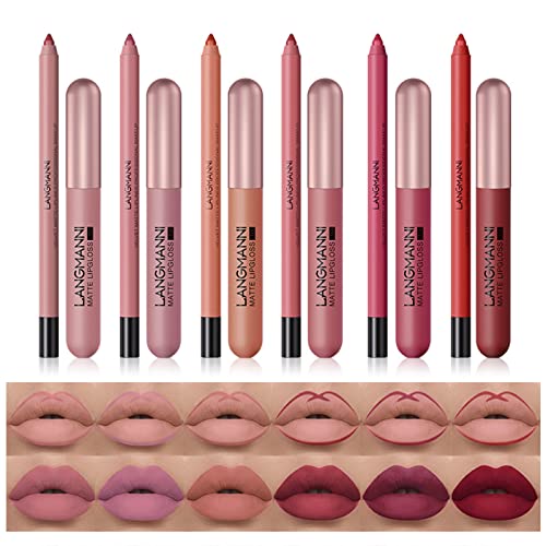 MKNZOME Lipgloss Set, 6 Farben Samt Matte Flüssige Lippenstifte + 6 Lipliner Stifte, Wasserfeste Langlebige Moisturizing Antihaft-Tasse, Nude Lippen Farbton Set als Geschenke für Mädchen und Frauen#1 von MKNZOME