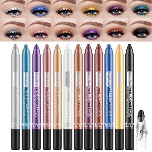 MKNZOME Professionelles Makeup Augenstift Set, 12 Farben Wasserdicht Matte Lidschatten Stift Set mit Anspitzer Metallic Eyeshadow Stick Langanhaltend Augen Schminke Geschenk für Frauen Mädchen von MKNZOME