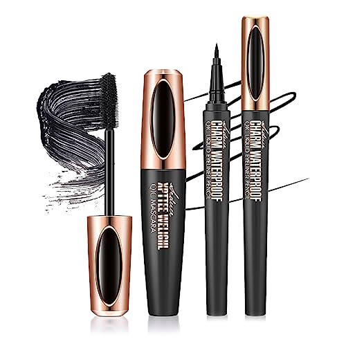 Mascara und Eyeliner Schwarz, MKNZOME 4D Mascara Volumen Wimpern Eyeliner Flüssig Wimperntusche Wasserfest Augen Make Up Geschenk für Frauen und Mädchen von MKNZOME