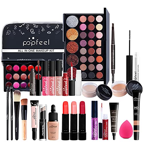 MKNZOME Professionelles Make-up-Set, 27-teilig, Starter-Set für Kosmetik, mit Aufbewahrungstasche, Make-up-Palette, Lidschatten, Lipgloss, Geschenk-Set für Geburtstag, Weihnachten von MKNZOME